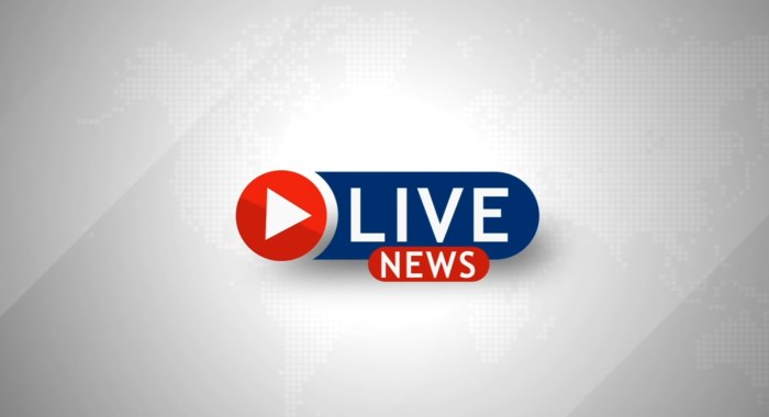 A white background with a red play button and text that says Live News